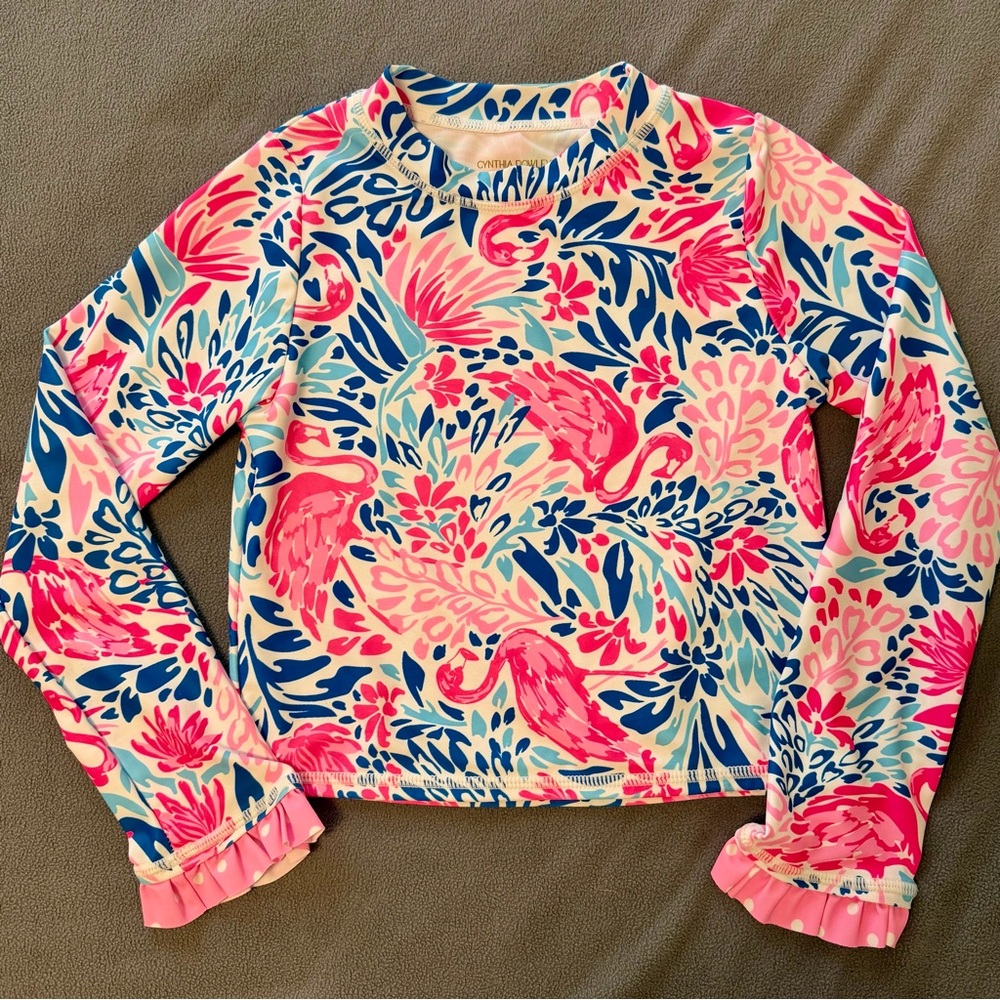Cynthia Rowley Girl’s Floral & Flamingo Long Sleeve Rash Guard Swim Top, Size 7